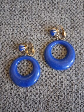 Vintage Blue Hoop Drop Clip On Earrings - Brand Unspecified